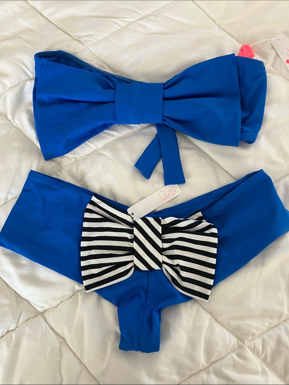 LOLLI Blue Bandeau Bikini Top + Bottoms w/ Black & White Bow Size L NWT